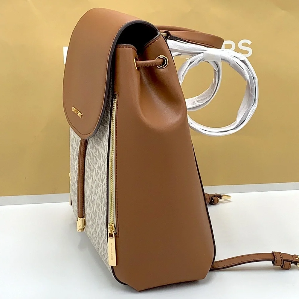 MICHAEL KORS PHOEBE MEDIUM DRAWSTRING BACKPACK VANILLA/ BROWN SIGNATURE COLOR - Picture 14 of 16